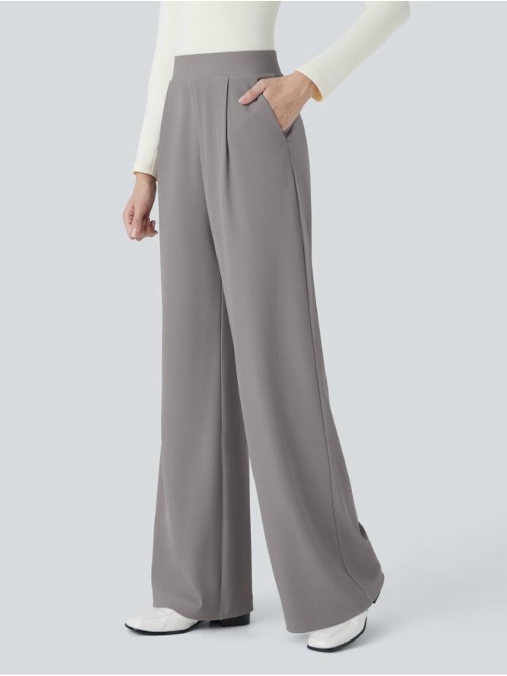Halara High Waisted Body Sculpt Waist-Slimming  Wide Leg Micro Waffle Grey Pants